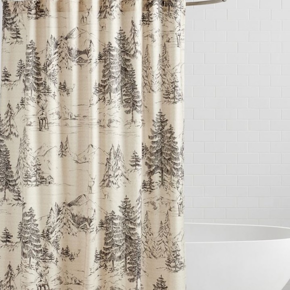 NWT Pottery Barn Rustic Forest Shower Curtain Woodland Cabin Mountain Deer Stag - Picture 3 of 5
